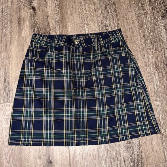 Forever 21 Skirt Womens S Small Green Blue Plaid Straight Pencil W Front Pockets - Picture 1 of 3